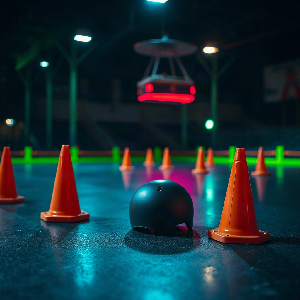 Rink cones and helmet under neon light