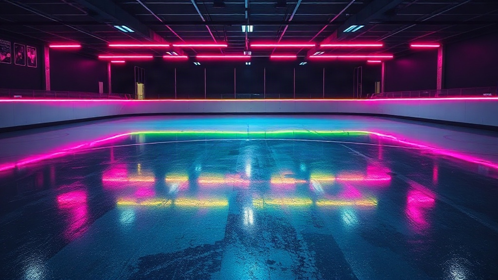 Night rink floor with neon reflections